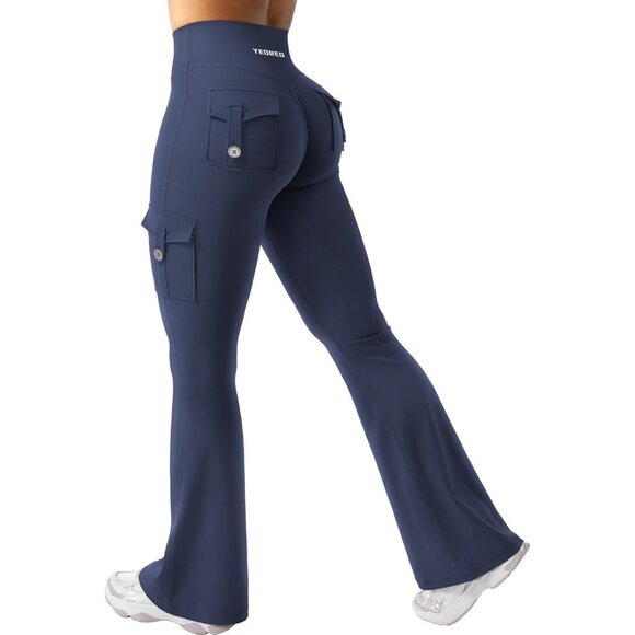 Pants - Women's Navy High Waisted Workout Flare Leggings 32 inch Seam with Pockets